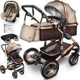 Kinderwagen 3 in 1 - Buggy - Wandelwagen - Kinderbuggy - Bruin/Goud - KIDUKU®