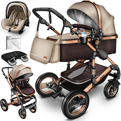 Kinderwagen 3 in 1 - Buggy - Wandelwagen - Kinderbuggy - Bruin/Goud - KIDUKU®
