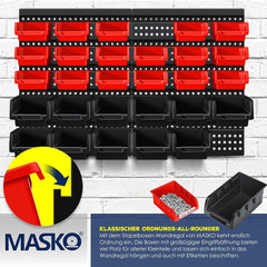 MASKO® Stapelboxen + wandrek, 32-delige set, box, opbergkast, opbergkast, steekrek, hangrek, assortimentsdoos, kleine onderdelen, werkplaatsrek, zwart/rood