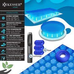 KESSER® Pool Zonnezeil, rechthoekig, 260 x 160 cm, zonnefolie, 120 µm, op maat te snijden, zwembadverwarming, waterverwarming, warmtezeil, zonnepaneel met 1 x schaar, 1 x gattang en 12 x ogen