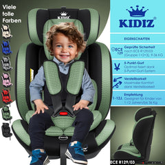KIDIZ® Autokinderzitje, driehoekig, premium kinderzitje, autostoel, zitkuip, 9 kg - 36 kg, 1-12 jaar, groep 1/2/3, universeel, goedgekeurd volgens ECE R129/03, met Isofix