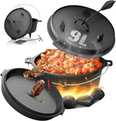 broil-master® Dutch Oven – deksellifter, pan, onderzetter, draaggreep, gietijzer, rond, voor camping, outdoor, vuurpan, ingebrande stoofpan, braadpan (pan met poten, 9,0 liter)