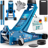 TRESKO Hydraulische krik 3T hefhoogte 75-510 mm | Hydraulische garagekrik voor auto, plat met dubbele zuiger & 360° wielen | krik auto incl. 2 x rubberen pad, beschermingsmat, handschoenen, profielmes, blauw