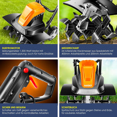 MASKOยฎ elektrische motorhak 1500 Watt | 45 cm werkbreedte 20 cm werkdiepte | grondhak | akkerfrees landbouwer tuinfrees | elektrische hak | inklapbare handgreep | metalen behuizing | transportwielen