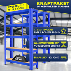 MASKO® Opbergrek - Stellingkasten - Set van 2 - Tot 875kg - Blauw •