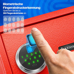 KESSER® Elektrische kluis met vingerafdruk en sleutel S, inclusief noodaccu, elektronische kluis, 3x dubbele boutvergrendeling, vloer wandkluis, meubelkluis, pantserkast met cijferslot, rood
