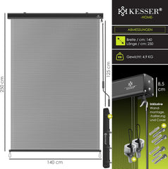 Klemluifel - Balkon luifel - Verticale luifel - 140x250 cm - Grijs - KESSER®