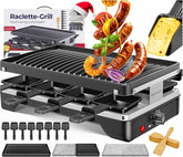 KESSER® Raclette-grill met natuurgrillsteen, grillplaat, tafelgrill voor 8 personen, elektrische grill, raclette grill, grillplaat, anti-aanbaklaag, 8 pannen en houten spatels, 1200 W