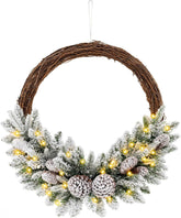 COSTWAY Kunstkerstkrans van 60 cm, met ledverlichting, met sneeuwbedekte dennenkrans met 35 warmwitte lampjes en 65 takken, kerstdecoratie, werkt op batterijen, voor binnen en buiten