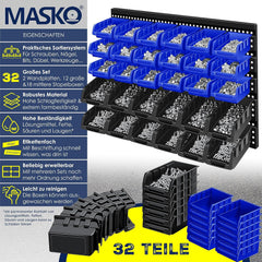 Masko Stapelboxen, wandrek, 32-delig, box, opbergkast, stapelbox, opbergbox, legbordstelling, boekenkast, zwart, blauw