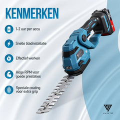 Vesto® Draadloze Heggenschaar - Incl. Buxusschaarmes & Grasschaarmes - Elektrische Grasschaar - Verstelbaar - Draadloze Snoeischaar - Heggenknipper - Kantenknipper