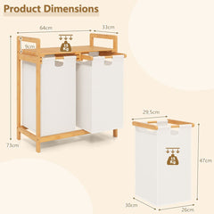COSTWAY Bamboe Wasmand met Twee Compartimenten 2-Sectie Wasserij Sorter Mand met Afneembare Glijdende Zakken & Bovenste Plank