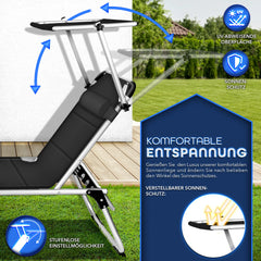 tillvex® Ligstoel met luifel en hoofdsteun, zwart - Premium bekleding | Opklapbare tuinligstoel | Strandligstoel met verstelbare rugleuning en gewatteerd ligvlak | Aluminium ligstoel