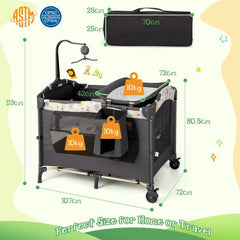 COSTWAY 4-In-1 Inklapbaar Reisbed Bijzetbed Verschoontafel en Box Rolbaar 2 Niveaus Babybed Incl. Matras Aankleedkussen Muziekdoos (Grijs)