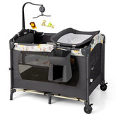 COSTWAY 4-In-1 Inklapbaar Reisbed Bijzetbed Verschoontafel en Box Rolbaar 2 Niveaus Babybed Incl. Matras Aankleedkussen Muziekdoos (Grijs)