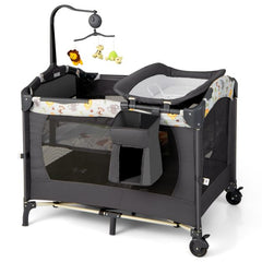 COSTWAY 4-In-1 Inklapbaar Reisbed Bijzetbed Verschoontafel en Box Rolbaar 2 Niveaus Babybed Incl. Matras Aankleedkussen Muziekdoos (Grijs)
