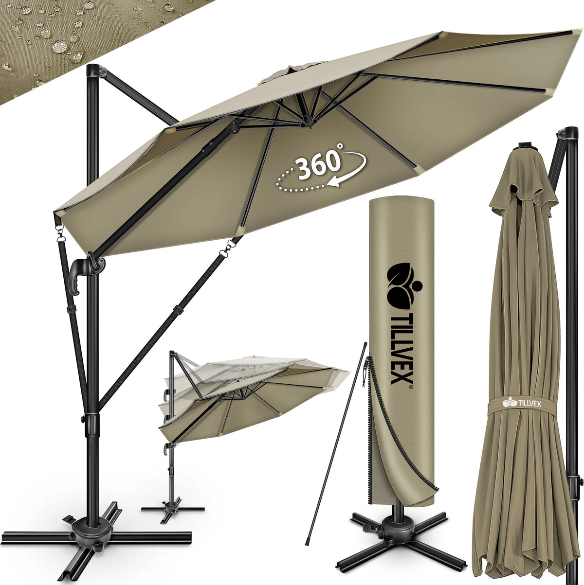 tillvex® Premium Aluminium Parasol Ø300 cm Bruin + Hoes & Windbescherming | Zweefparasol, 6-voudig verstelbaar met slinger | Tuinparasol, 360° draaibaar, kantelbaar | Parasol met slinger, UV50+, Groot, Waterdicht
