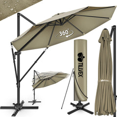 tillvex® Premium Aluminium Parasol Ø300 cm Bruin + Hoes & Windbescherming | Zweefparasol, 6-voudig verstelbaar met slinger | Tuinparasol, 360° draaibaar, kantelbaar | Parasol met slinger, UV50+, Groot, Waterdicht