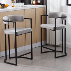 Set van 2 barkrukken, bekleed met fluweel, moderne keukenstoelen voor bar, restaurant, grijs, Wahson