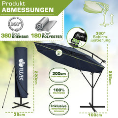 Zweefparasol - Tuinparasol - Parasol 300 cm - Met voet - Met Parasolhoes - Blauw - Tillvex