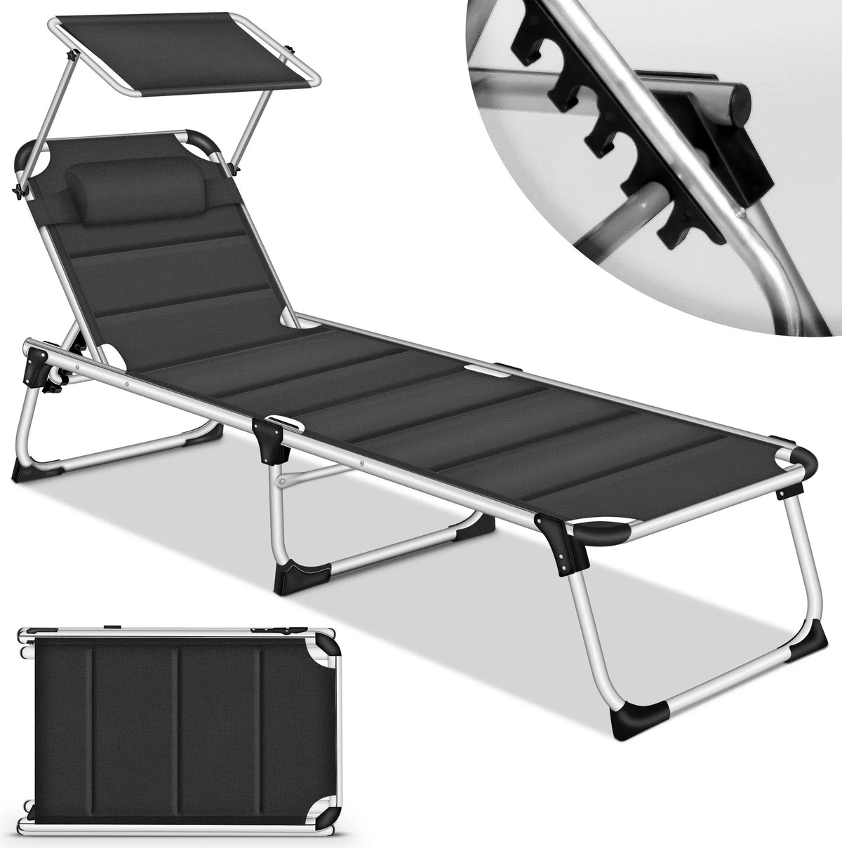 tillvex® Ligstoel met luifel en hoofdsteun, zwart - Premium bekleding | Opklapbare tuinligstoel | Strandligstoel met verstelbare rugleuning en gewatteerd ligvlak | Aluminium ligstoel