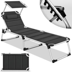tillvex® Ligstoel met luifel en hoofdsteun, zwart - Premium bekleding | Opklapbare tuinligstoel | Strandligstoel met verstelbare rugleuning en gewatteerd ligvlak | Aluminium ligstoel