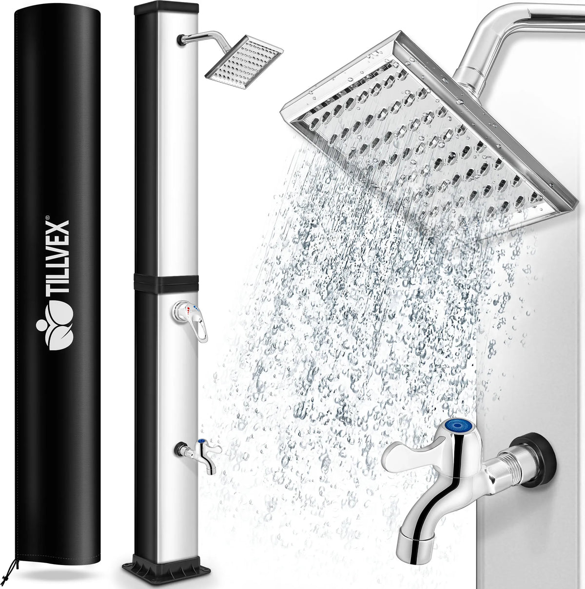 tillvex Zonnedouche, 40 liter, incl. beschermkap, tuindouche op zonne-energie, warm water, zwembaddouche, camping, zonder stroomaansluiting, met kraan en regendouchekop, aansluiting voor tuinslang, zwart/zilver