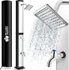 tillvex Zonnedouche, 40 liter, incl. beschermkap, tuindouche op zonne-energie, warm water, zwembaddouche, camping, zonder stroomaansluiting, met kraan en regendouchekop, aansluiting voor tuinslang, zwart/zilver