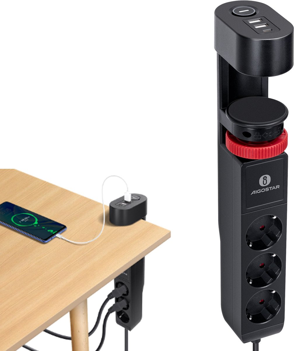 Aigostar 20Y42- Stekkerdoos met Schakelaar - 5 Stopcontacten - 3 USB Poorten - 1.4 Meter Verlengsnoer - met tafelclip - Zwart •