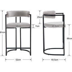 Set van 2 barkrukken, bekleed met fluweel, moderne keukenstoelen voor bar, restaurant, grijs, Wahson
