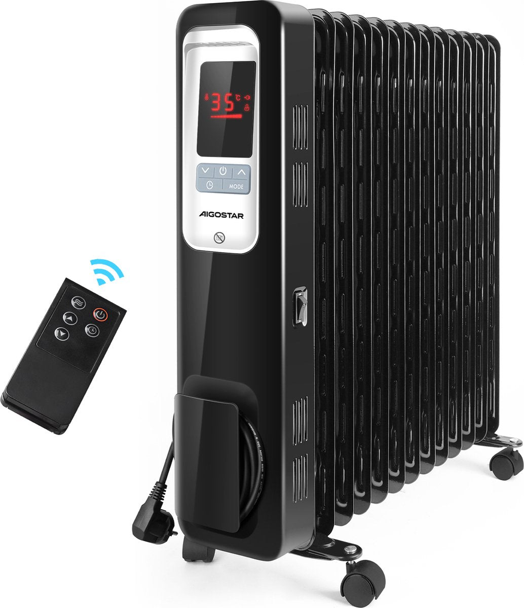 Olieradiator - 2500W Heater - Elektrische kachel - met Thermostaat - Zwart - Aigostar