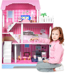 Aufun Poppenhuis Van Hout, Houten Poppenhuis MDF En Poppenhuis Met 3 Verdiepingen Incl. Meubels, Accessoires, Poppenvilla, Poppenhuis, Kinderen, Poppenhuis Voor Lang Creatief Spel, Groot, Esthetisch (Tye B)