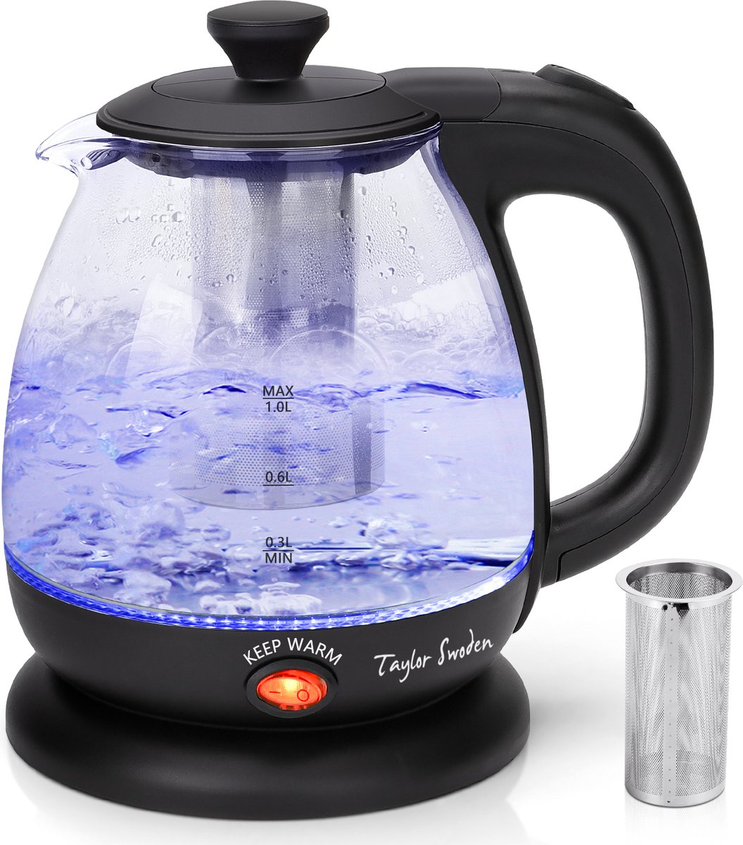 Waterkoker glas - met LED - Elektrisch - 1L - 2200W - Zwart