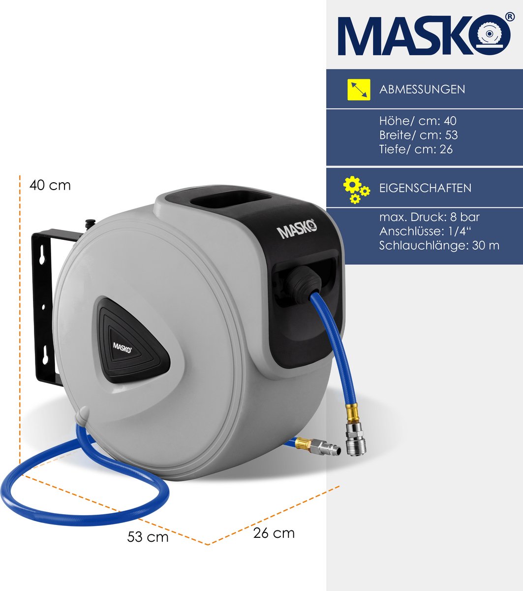 MASKO® Automatische Luchtslang - 30M - Slanghaspel - Grijs