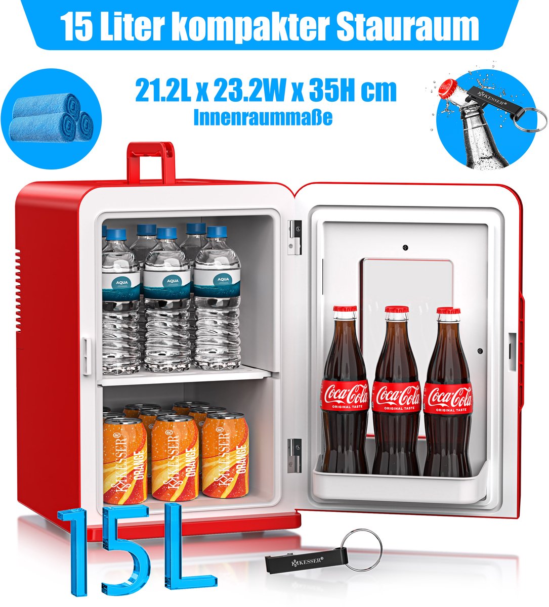 KESSER® Tafelmodel Koelkast 15 Liter AC DC 220-240V en 12V - Mini Koelkast Vrijstaand met Verwarmingsfunctie - Koelbox ideaal voor Auto en camperen - Rood