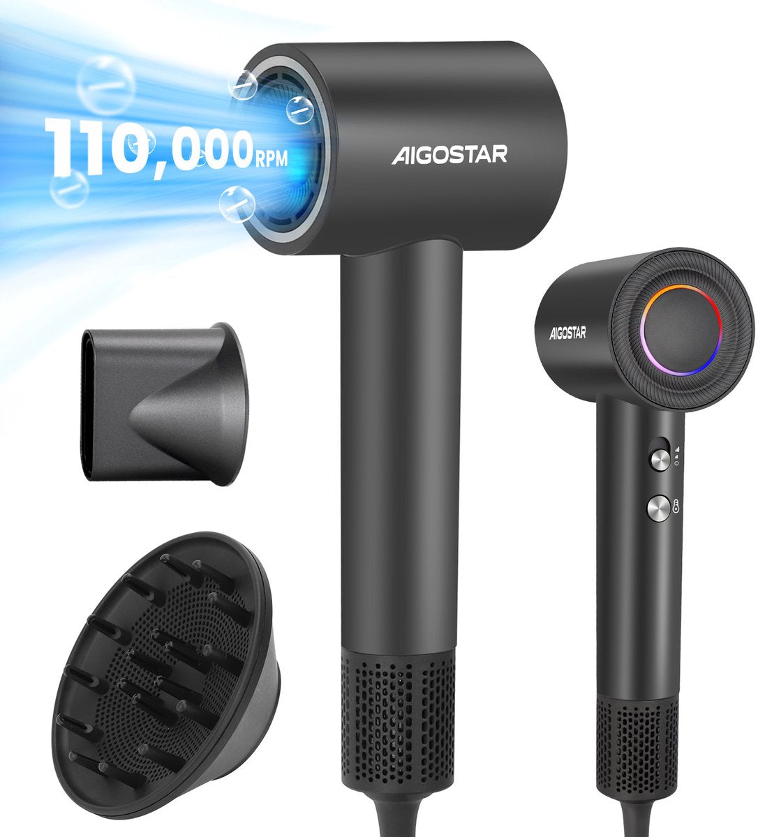 Aigostar Föhn met Diffuser - 110.000RPM - High Speed Haardroger - Reisfohn - Haardroger Krullen - 1600W - Zwart