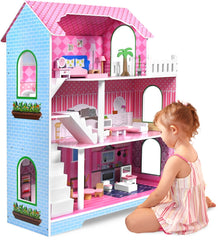 Aufun Poppenhuis Van Hout, Houten Poppenhuis MDF En Poppenhuis Met 3 Verdiepingen Incl. Meubels, Accessoires, Poppenvilla, Poppenhuis, Kinderen, Poppenhuis Voor Lang Creatief Spel, Groot, Esthetisch (Tye B)