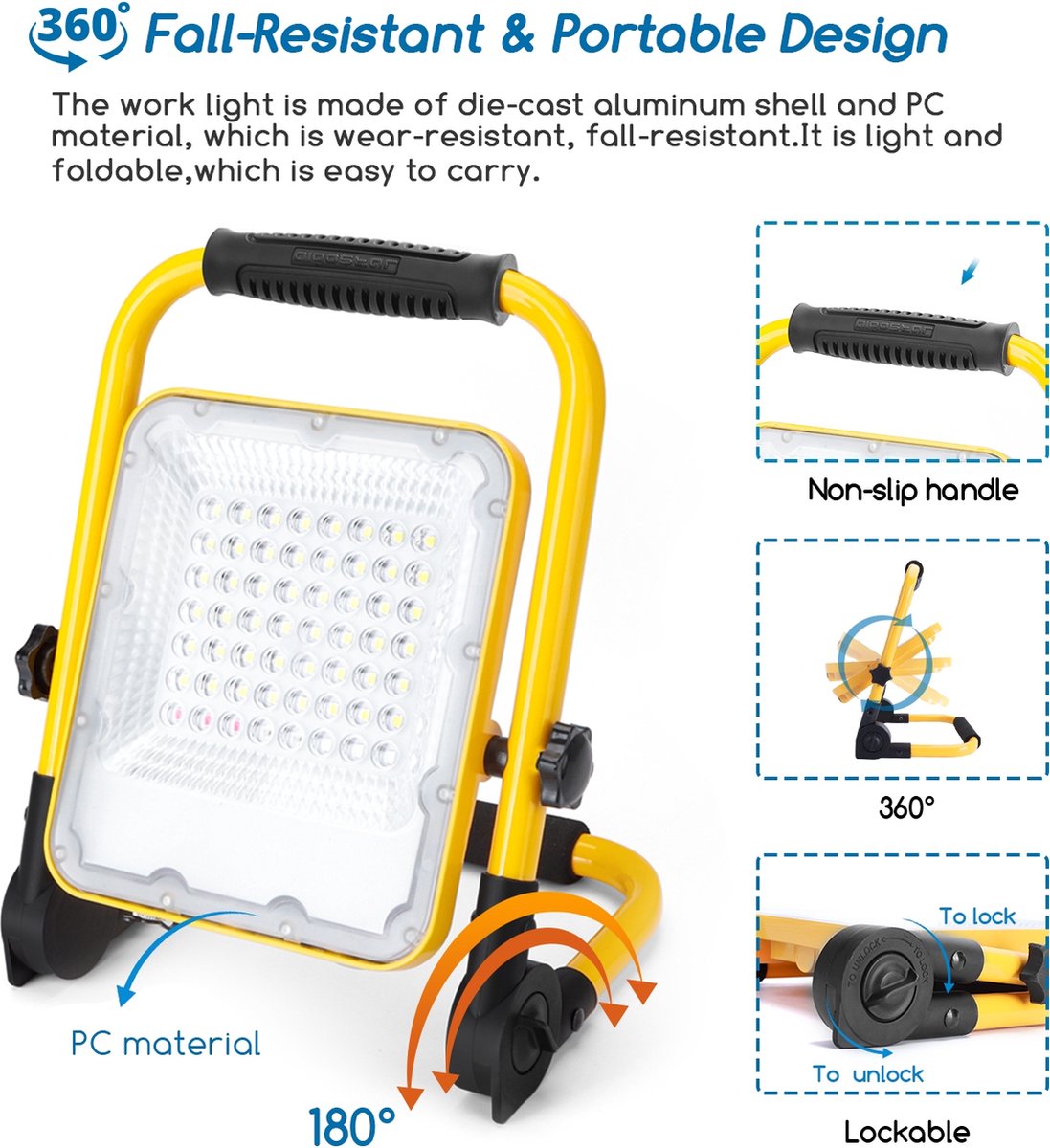 Aigostar LED Bouwlamp - 30W - 1000 Lumen - Acculamp - Verstelbare werklamp met accu - IP65 spatwaterdicht - Looplamp - werklamp - 6500K