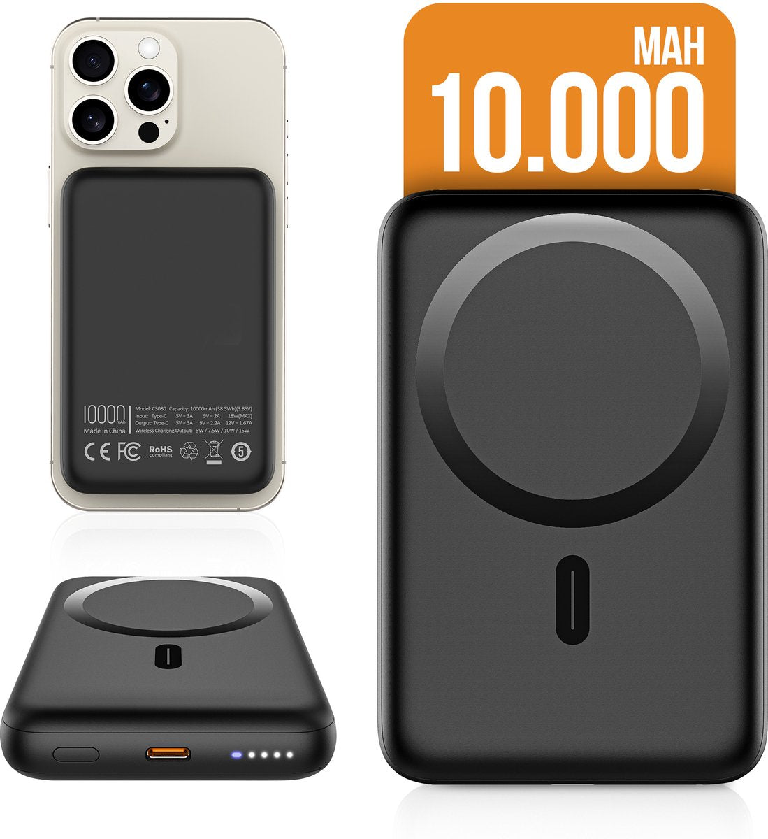 Powerbank 10.000 mAh - Geschikt voor MagSafe systeem - Magnetisch opladen - Festival - Draadloos opladen - Met USB-C Poort