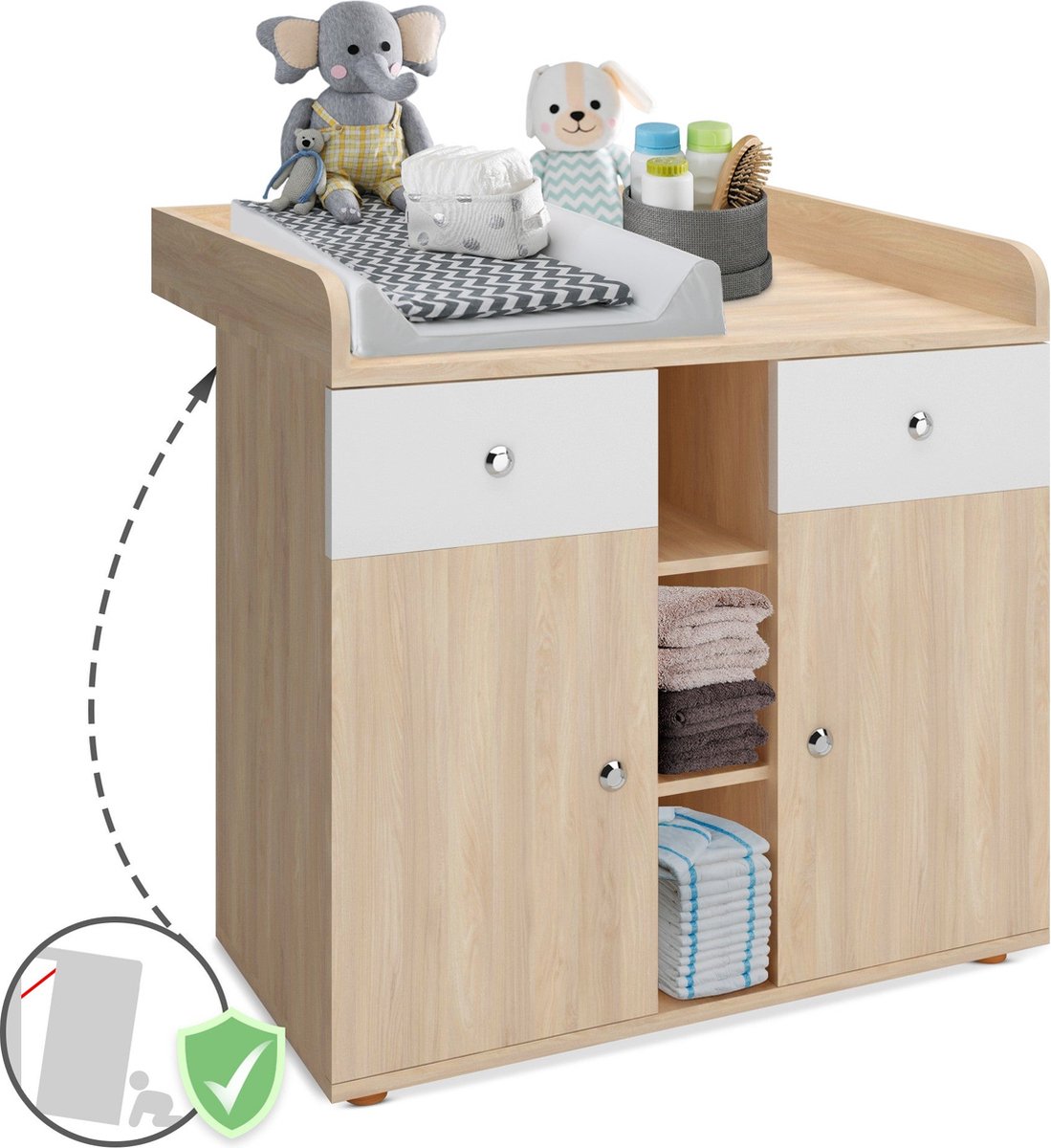 Infantastic - Babycommode met 2 grote lades en 5 vakken - Ladekast met Opbergrumte - Veelzijdig Omkleedmeubel met Organiser - 90x69x92 cm (LxBxH) - Eiken-Fineer