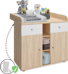 Infantastic - Babycommode met 2 grote lades en 5 vakken - Ladekast met Opbergrumte - Veelzijdig Omkleedmeubel met Organiser - 90x69x92 cm (LxBxH) - Eiken-Fineer