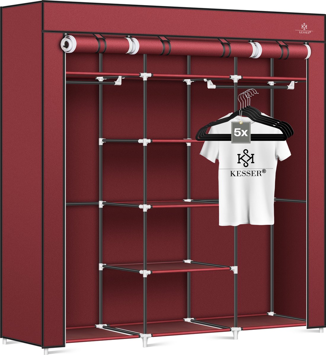 KESSER® Kledingkast in Stof en Metaal 150x45x175cm - opvouwbaare Garderobekast Stabiel met Kledingstang & Planken, Inclusief 5x Kledinghangers Kleerkast - Legplank Kast voor Slaapkamer met Kledingrek - Bordeux