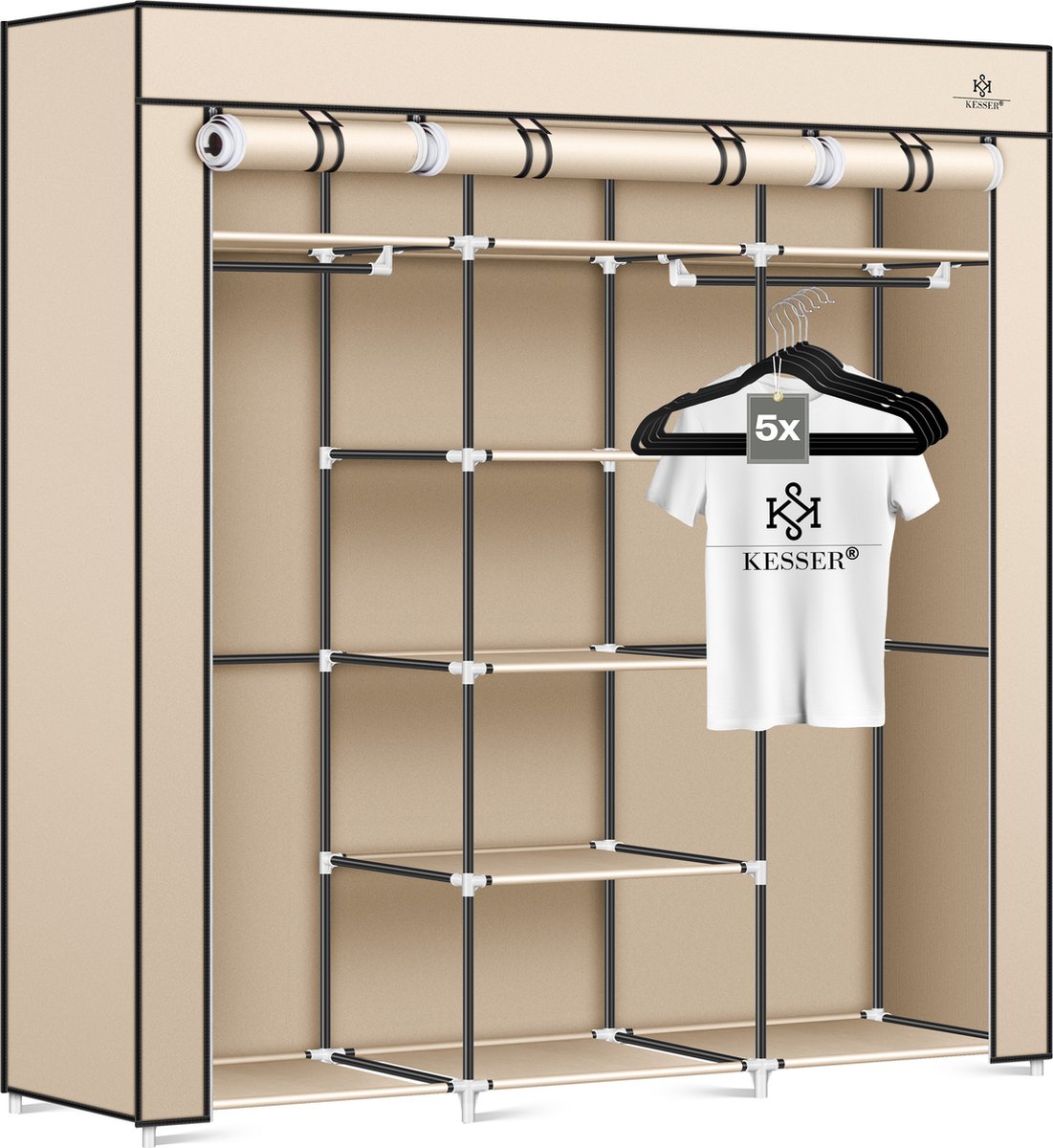 KESSER® Kledingkast in Stof en Metaal 150x45x175cm - opvouwbaare Garderobekast Stabiel met Kledingstang & Planken, Inclusief 5x Kledinghangers Kleerkast - Legplank Kast voor Slaapkamer met Kledingrek - Beige