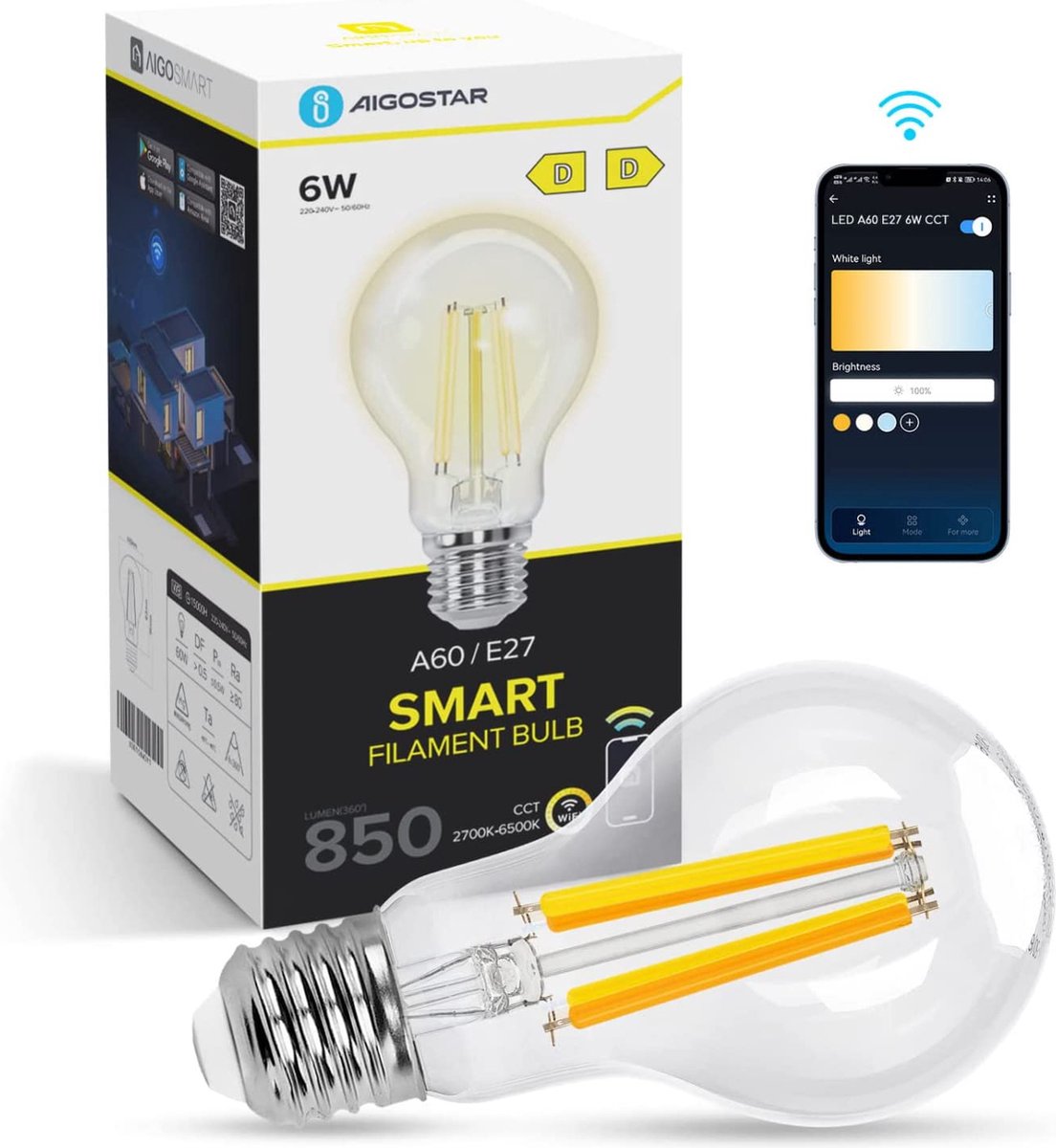 Aigostar LED Filament lamp - Dimbaar - 6W - E27 - 6 Stuks