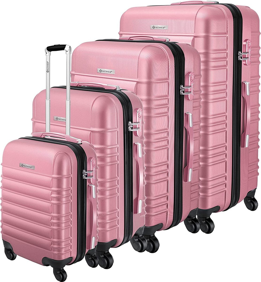KESSER® 4x Koffer, reiskofferset, trolley koffer, incl. bagageweegschaal + bagagelabel rollend kofferslot, 4 wielen ABS, harde schaal telescoopgreep S-M-L-XL - Roze