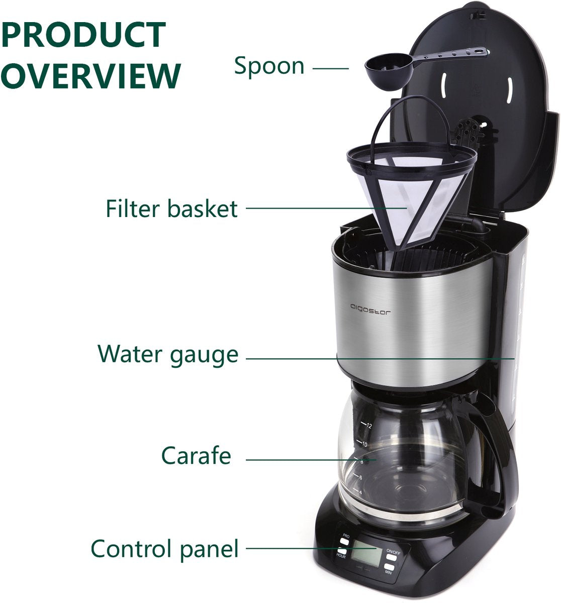 Aigostar Benno - Koffiezetapparaat - Filterkoffie - 12 kopjes - Koffiemachine - met Glazen Kan - Digitaal Display, Timer en Warmhoudplaat - Zwart/RVS •