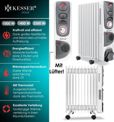 Olieradiator - 2500W Heater - Elektrische kachel - met Thermostaat - Wit - KESSER®