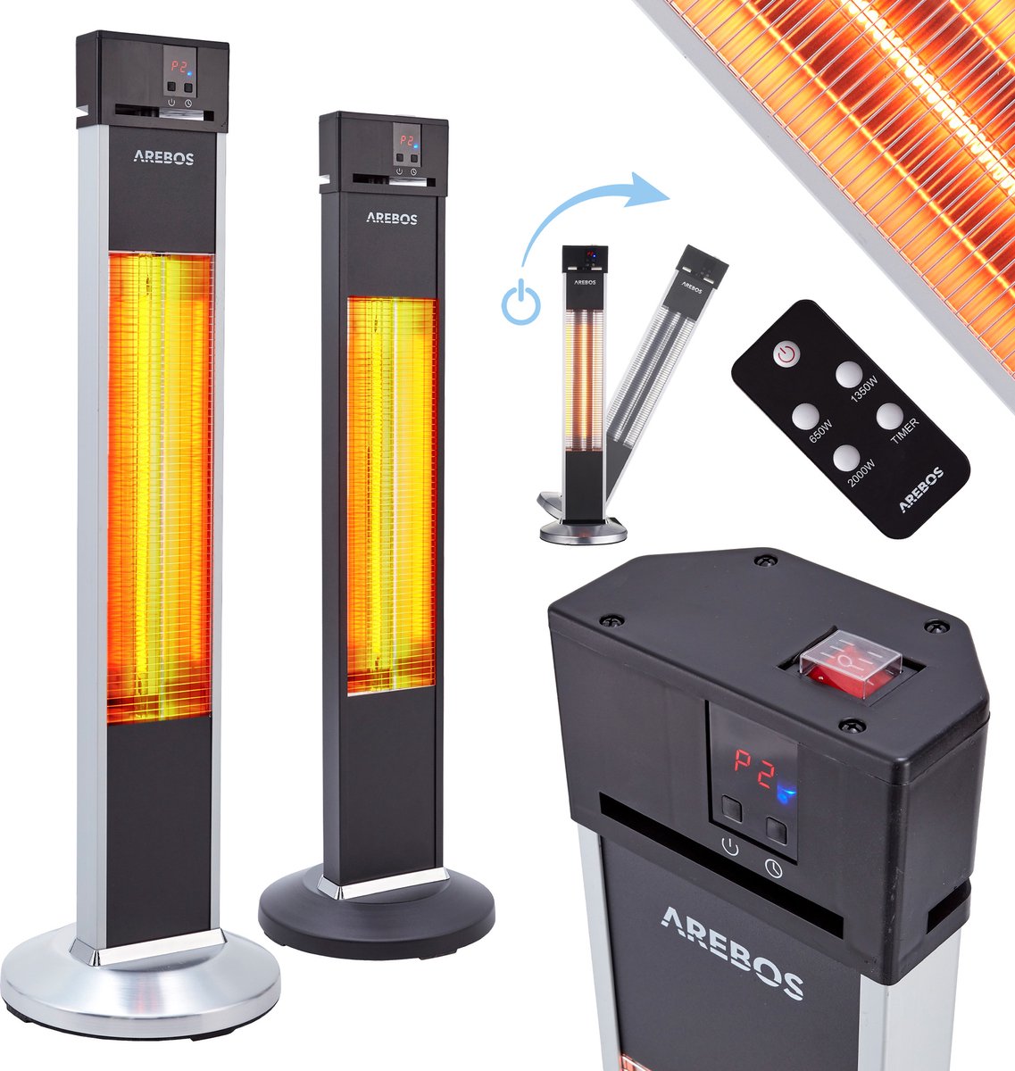 AREBOS Infrarood Verwarming - 2000W - Infrarood Kachel - Terrasverwarmer - Zilver