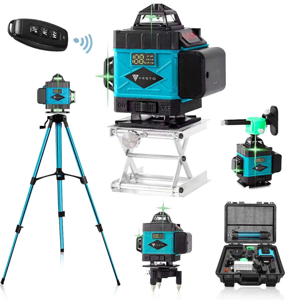 Vesto® 4D Kruislijnlaser - Zelfnivellerend Bouwlaser met 4-16 Lijnen - 360° Rotatie - Incl. Verstelbaar Statief - 50m Meetbereik - Inclusief Draagkoffer - Professionele Lijnlaser voor Bouw en Klussen