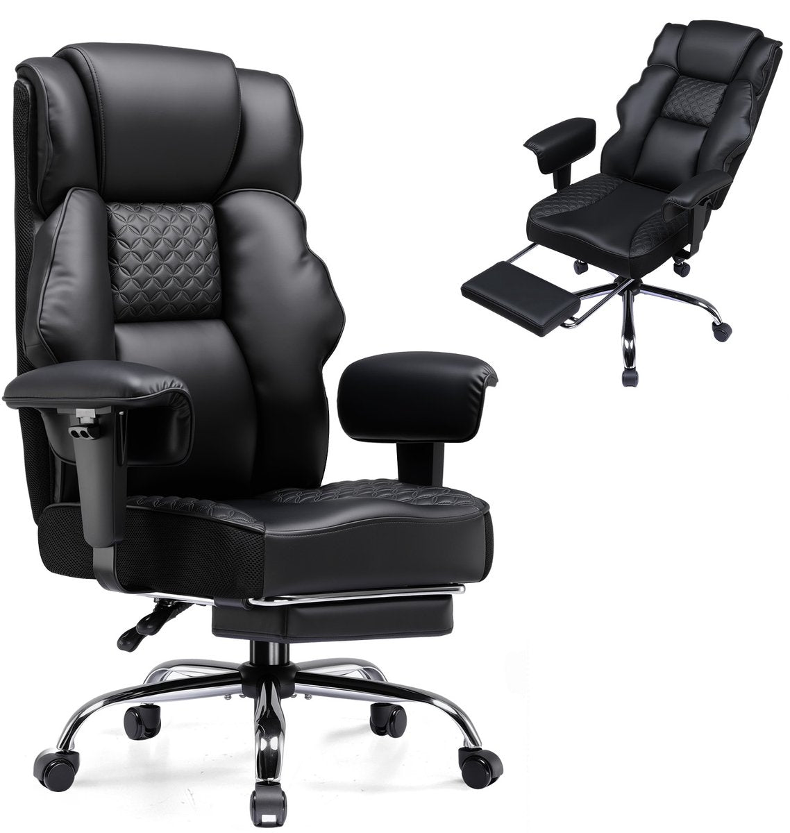 GTPLAYER Gamingstoel, brede bureaustoel met pocketveren, ergonomische pc-stoel, verstelbare en draaibare bureaustoel met voetensteun, kunstleer, 180 kg, zwart